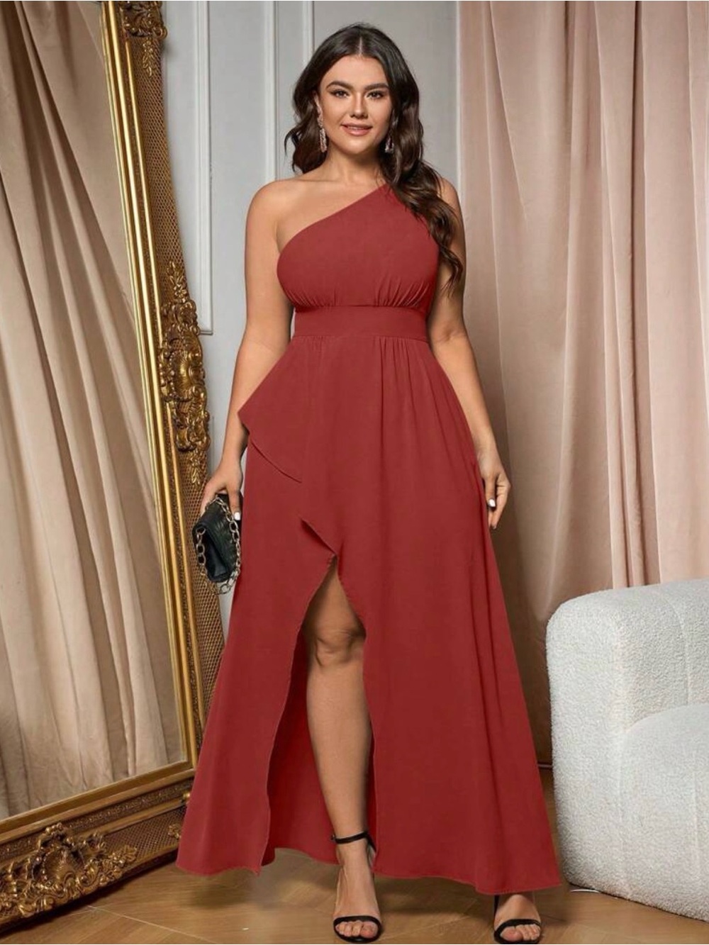 One-Shoulder Burnt Red Evening Dress with Front Slit